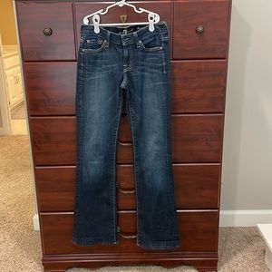 Women’s 7 for All Mankind low rise, dark wash boot cut jeans, size 26. EUC.